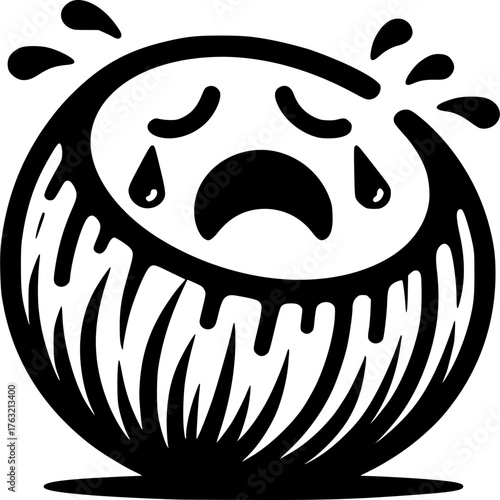 Coconut Emoji Icon Crying: A minimalist vector illustration of a coconut shell with a weeping face, portraying sadness or disappointment, with tear drops.
