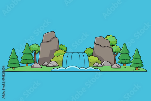 A simple cartoon background of a waterfall with rocks and a forest vector illustration