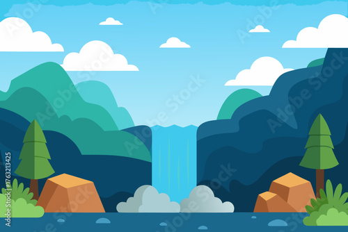 A cartoon waterfall background with rocks and a forest vector illustration