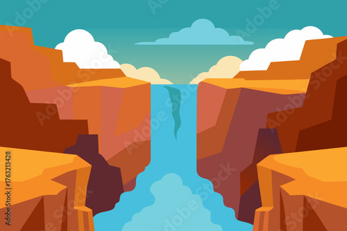 A cartoon illustration of a waterfall canyon with mist vector illustration