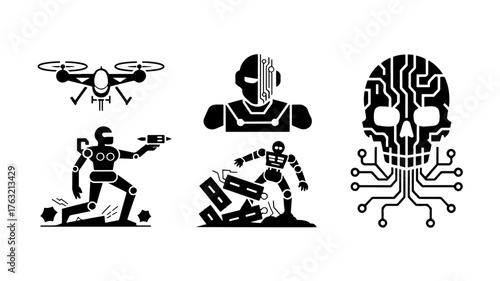 Futuristic robot and drone technology, featuring a drone, a cyborg, a robot skull, and robots in action, representing innovation, artificial intelligence, and the future of technology