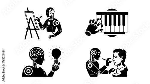 Collection of black and white icons featuring robots engaged in creative activities such as painting, playing piano, generating ideas, and applying makeup