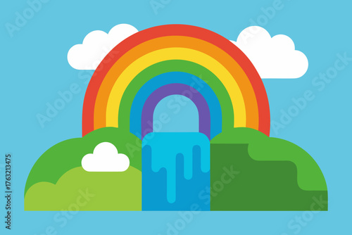 A simple cartoon of a waterfall with a rainbow vector illustration