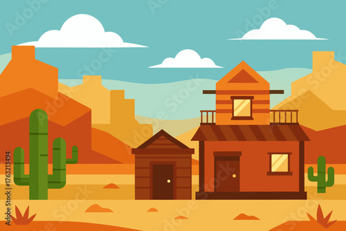 A cartoon western desert town background with a saloon vector illustration