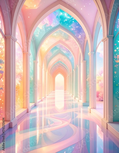 Colorful arches in a mystical hallway.