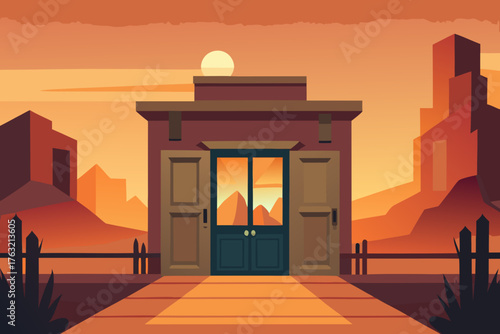 A simple cartoon background of a wild west saloon with swing doors vector illustration