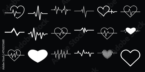 Collection of Heartbeat and Heart Line Art Icons on Black Background