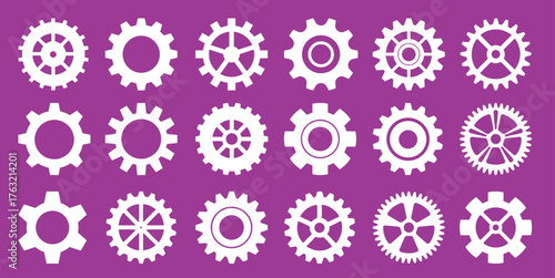 Collection of White Gears on a Purple Background, Industrial Icons