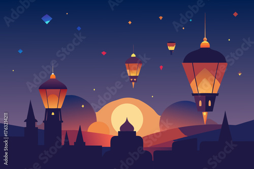 A cartoon illustration of a Diwali lantern sky vector illustration