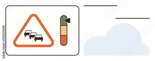 Traffic warning sign with cars, pollution meter in color segments, and cloud symbol. Ideal for transportation, environment, sustainability, urban life, public health, eco-conservation education