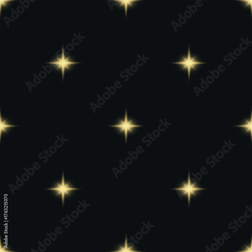 Seamless pattern with glowing stars on black background