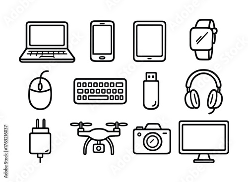 Collection of electronic devices icons: laptop, smartphone, tablet, watch, keyboard, usb, headphones