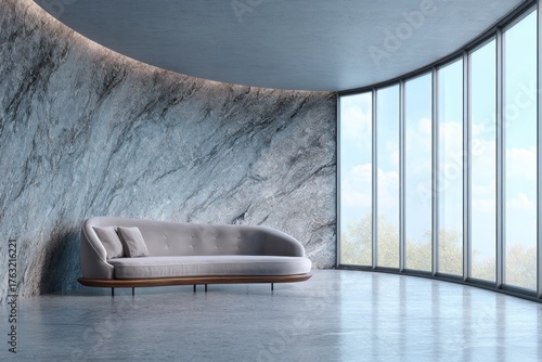 Modern curved room with stone wall, sofa and large windows.