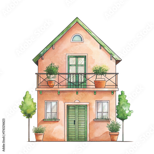 Whimsical watercolor illustration of a tall crooked fantasy house with multiple uneven roofs