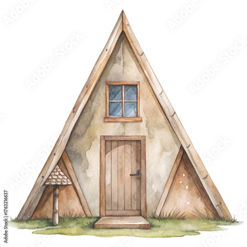 Whimsical watercolor illustration of a tall crooked fantasy house with multiple uneven roofs