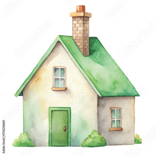 Whimsical watercolor illustration of a tall crooked fantasy house with multiple uneven roofs