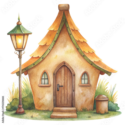 Whimsical watercolor illustration of a tall crooked fantasy house with multiple uneven roofs