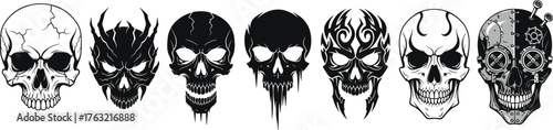 Skull vector set, stylized black silhouettes, horror, tribal, demonic, cracked, cyber skulls, Halloween theme, spooky graphic, stock illustration