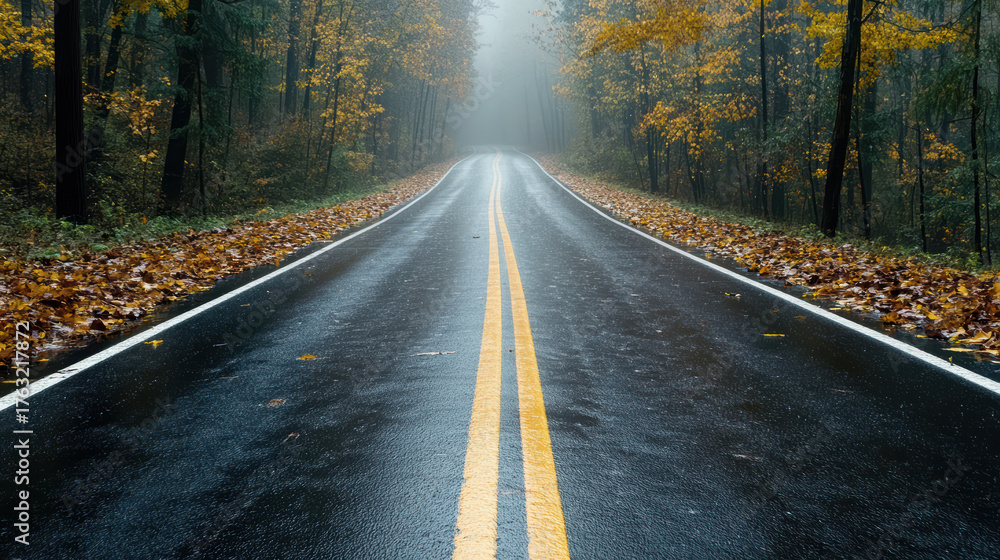 Fototapeta premium Winding road through foggy forest, surrounded by autumn leaves, creates serene atmosphere