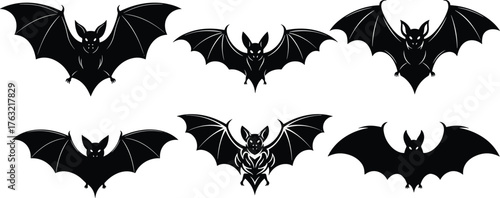 Stylized bat vector set, black silhouette icons, Halloween graphic elements, symmetrical spooky wings, gothic illustration, bold design, stock asset