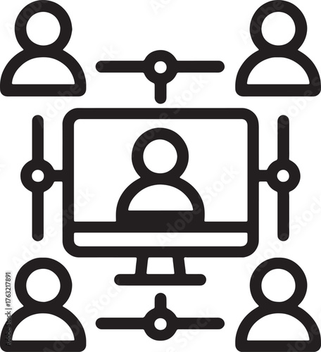 Digital Connection: Illustrative depiction of a network of individuals connected through a computer screen, signifying modern communication and teamwork. 