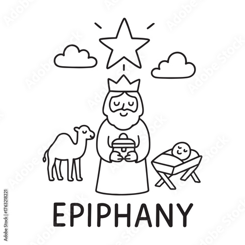 Epiphany illustration depicting the three wise men star and baby Jesus.