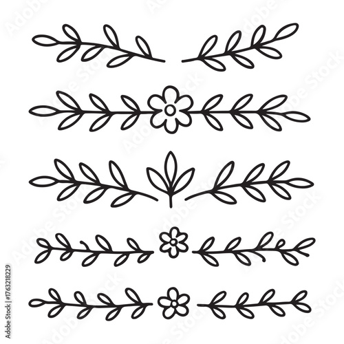 Collection of hand drawn floral leaf and flower dividers.
