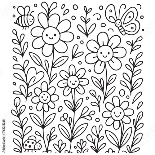 Cute floral illustration with smiling flowers and insects in the garden.