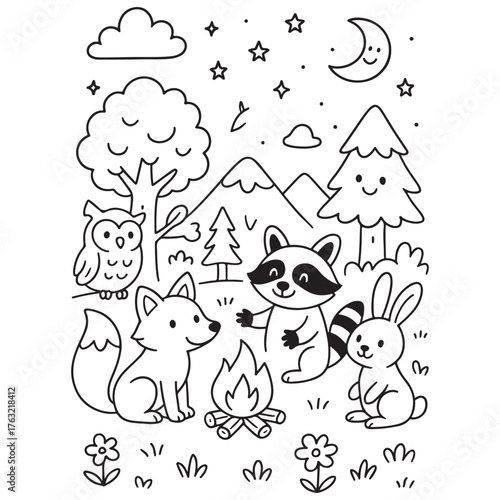 Cute forest animals gathered around a campfire at night.