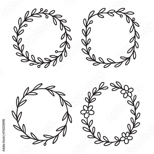 Set of four hand drawn floral wreaths with leaves and flowers.