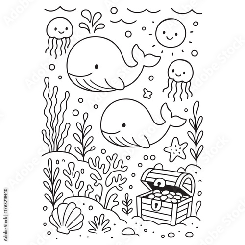 Two adorable whales swimming peacefully in the ocean.