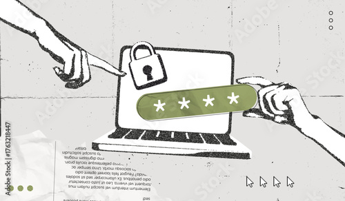 Trendy Halftone Stipple effect Human Hand holds Pin Code on Screen Computer Laptop. Locked padlock with password. Protecting your personal data online. Retro vintage vector illustration art