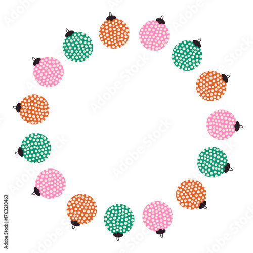 Vintage Christmas Baubles Circle Frame. Trendy vector Retro Round Border with colorful textured spotted ornaments. Xmas Holiday greeting card poster invitation template