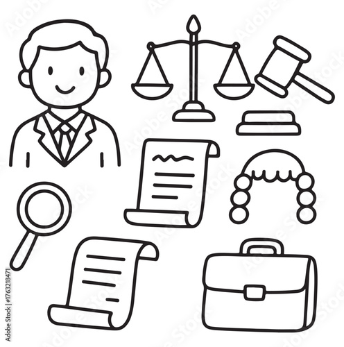 Hand drawn collection of law and justice doodle icons.