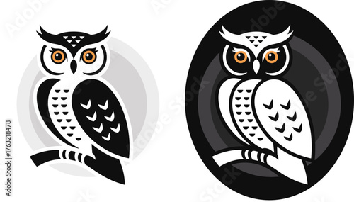 Stylized owl illustration, perched bird vector, dual color versions, expressive eyes, nocturnal animal design, modern wildlife art for print, merchandise