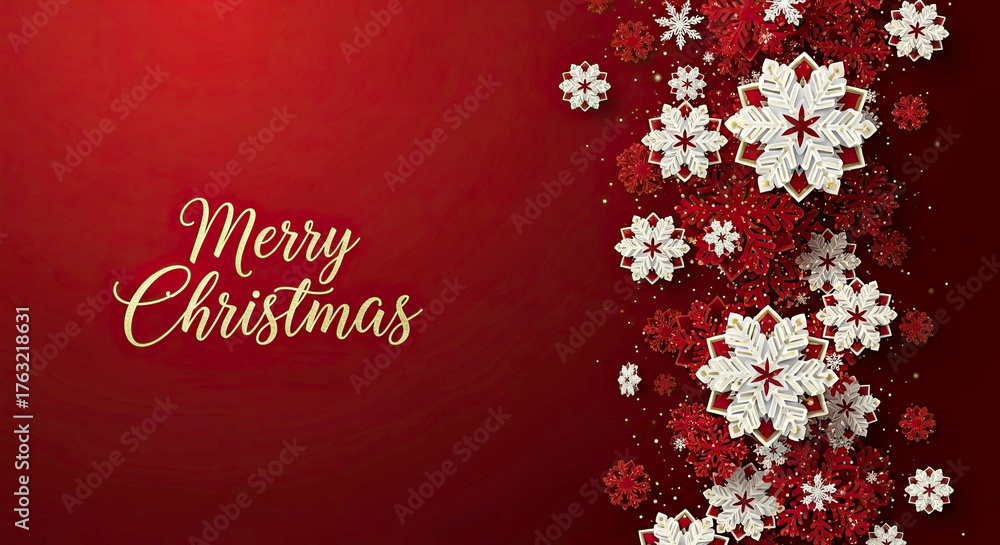 Fototapeta premium Merry christmas text with red background and snowflakes on the right side border