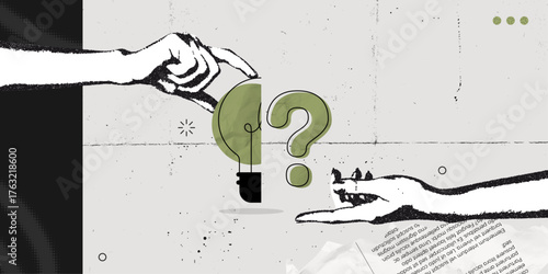 Trendy Halftone Stipple effect Problem solving concept. Two hands hold lightbulb and question mark. Business solution. Creative mind or brainstorm. Ask for reply. Retro vintage vector illustration art