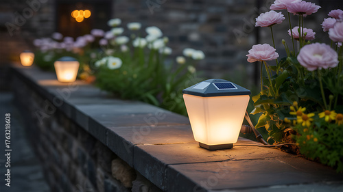 Warm solar garden lights illuminate a stone wall at dusk, creating a serene evening ambiance.