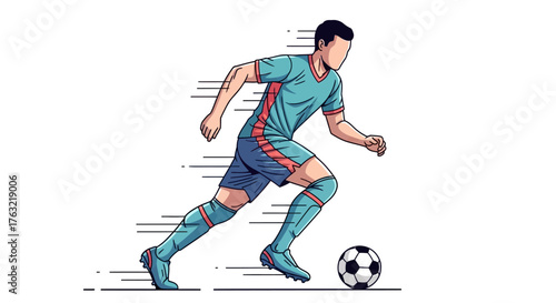 Dynamic soccer player dribbling ball with speed lines conveying intense action on white background