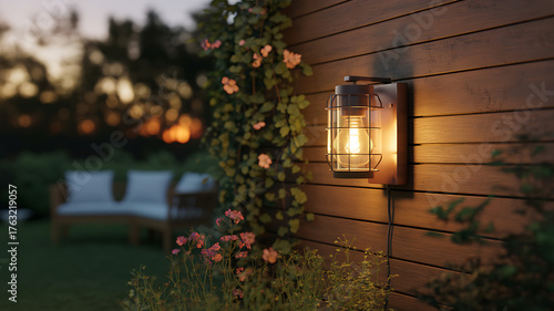 Warm outdoor lantern illuminates a cozy garden at dusk, creating a peaceful evening ambiance.
