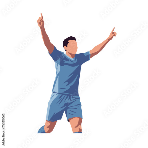Dynamic soccer player celebrating a triumphant goal with arms raised in victory, capturing the thrill of athletic achievement and sports passion