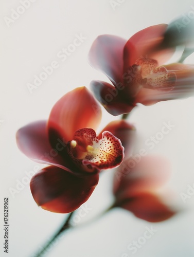 Stunning red orchids captured in a dreamy soft-focus against a light background, perfect for nature and floral enthusiasts.