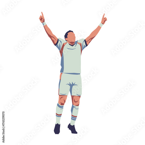 Dynamic soccer player celebrating victory with arms raised high, capturing the ultimate thrill of a winning moment.