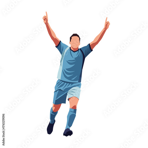Dynamic soccer player celebrating victory with arms raised in triumphant motion, capturing pure sporting joy and athletic achievement.
