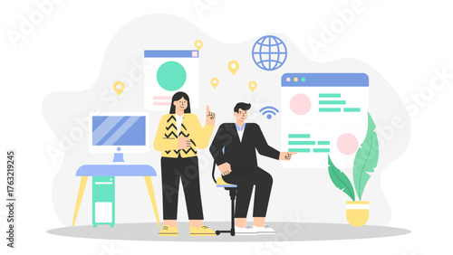 Remote Team Collaborating Across Multiple Time Zones Flat Vector Illustration