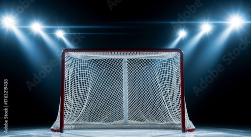 Illuminated ice hockey goal net under stadium lights on ice rink