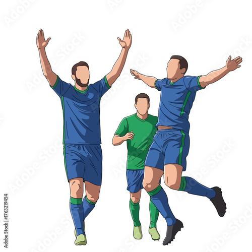 Dynamic soccer team celebrating victory with arms raised in triumph, showcasing teamwork and sportsmanship for advertising, posters, and motivational content