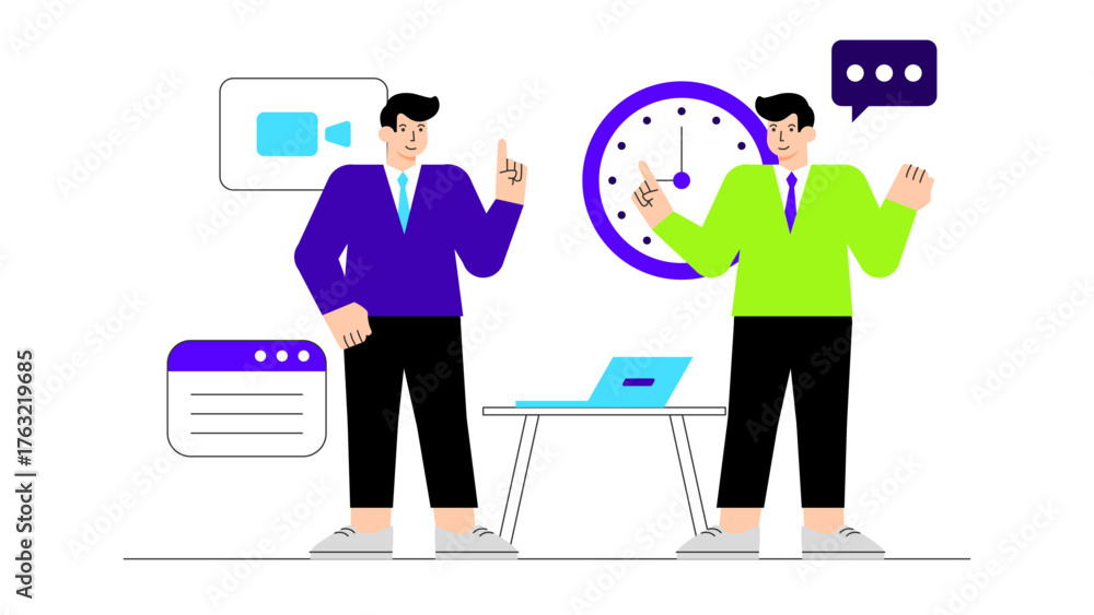 Fototapeta premium Remote Team Collaborating Across Multiple Time Zones Flat Vector Illustration