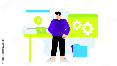 CEO Conducting Virtual Company Town Hall Flat Vector Illustration