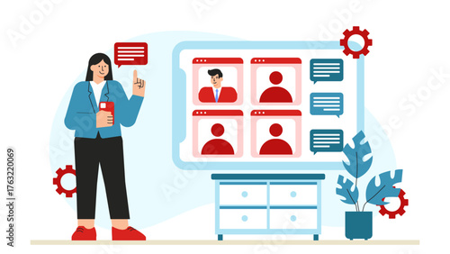 HR Team Hosting Virtual Employee Onboarding Tour Flat Vector Illustration